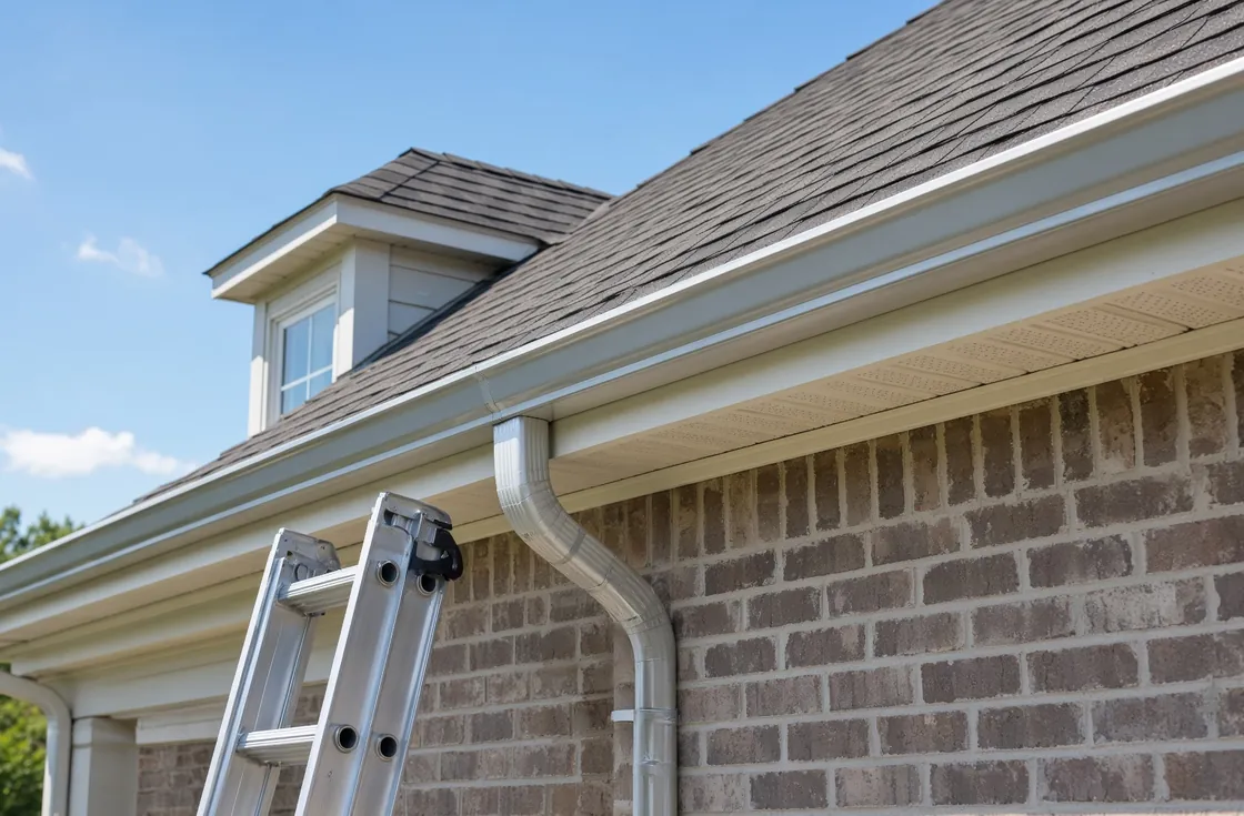 Clean white gutter and downspout along the roofline of a brick home