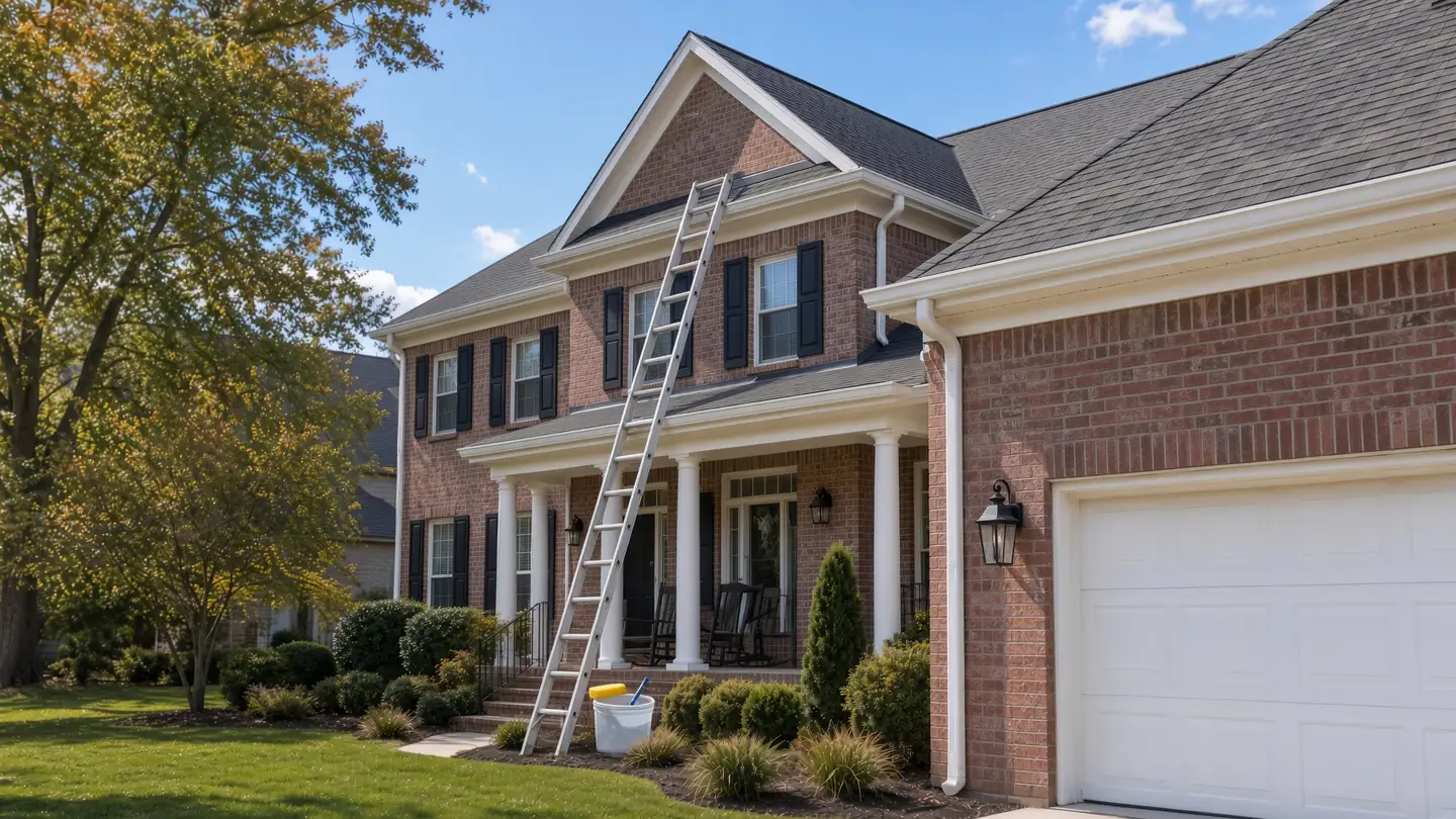 Ladder set to the gutter line of a two-story brick home