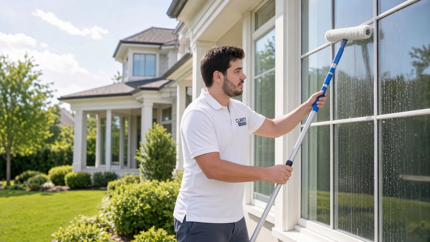 Exterior window cleaning in progress on a two-storey home
