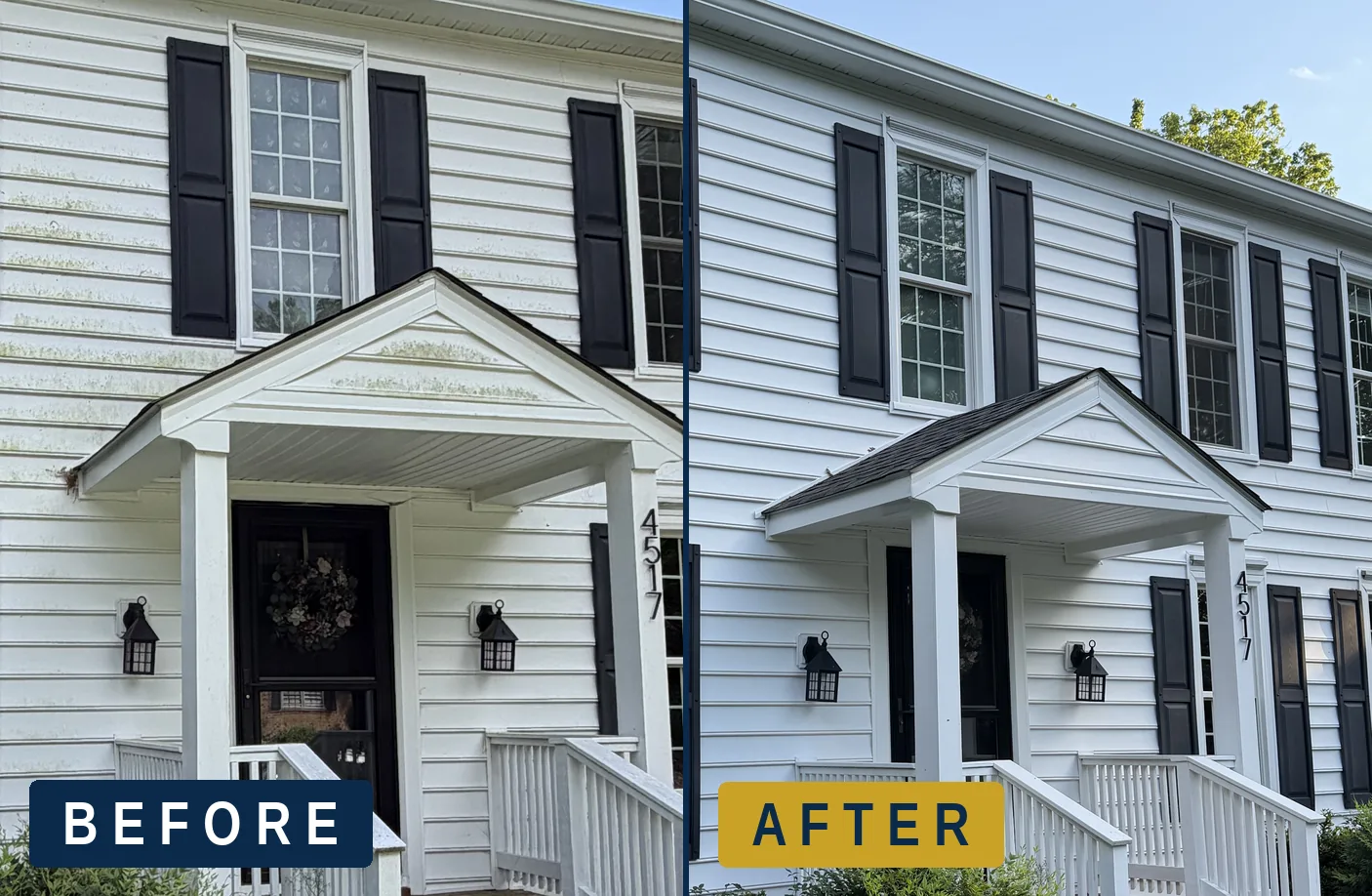 Siding with mildew before treatment, and the same siding clean afterwards